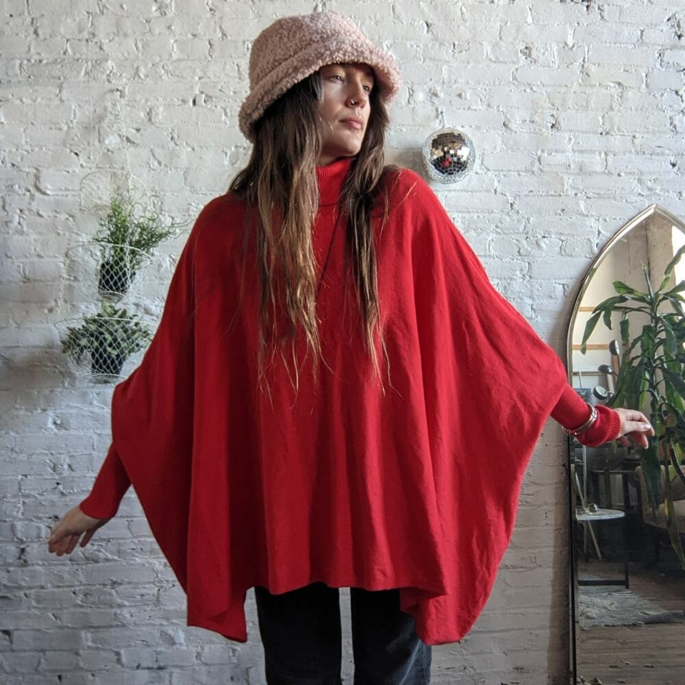 Retro Red Turtleneck Poncho Sweater Oversized Dolman Boho Grunge Cherry Large